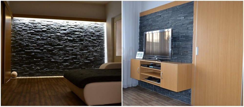 Použití obkladového kamene Premium Nero v interiéru obývací pokoj